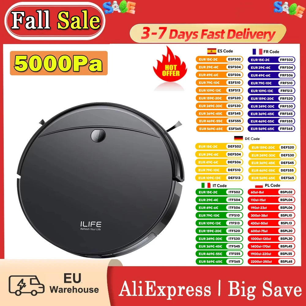 Ilife V10 Roboter-Staubsauger, 5000 Pa Saugkraft, 120 Minuten Laufzeit, Gyro-Navigation, selbstaufladend, 2,4 g WLAN-App Image