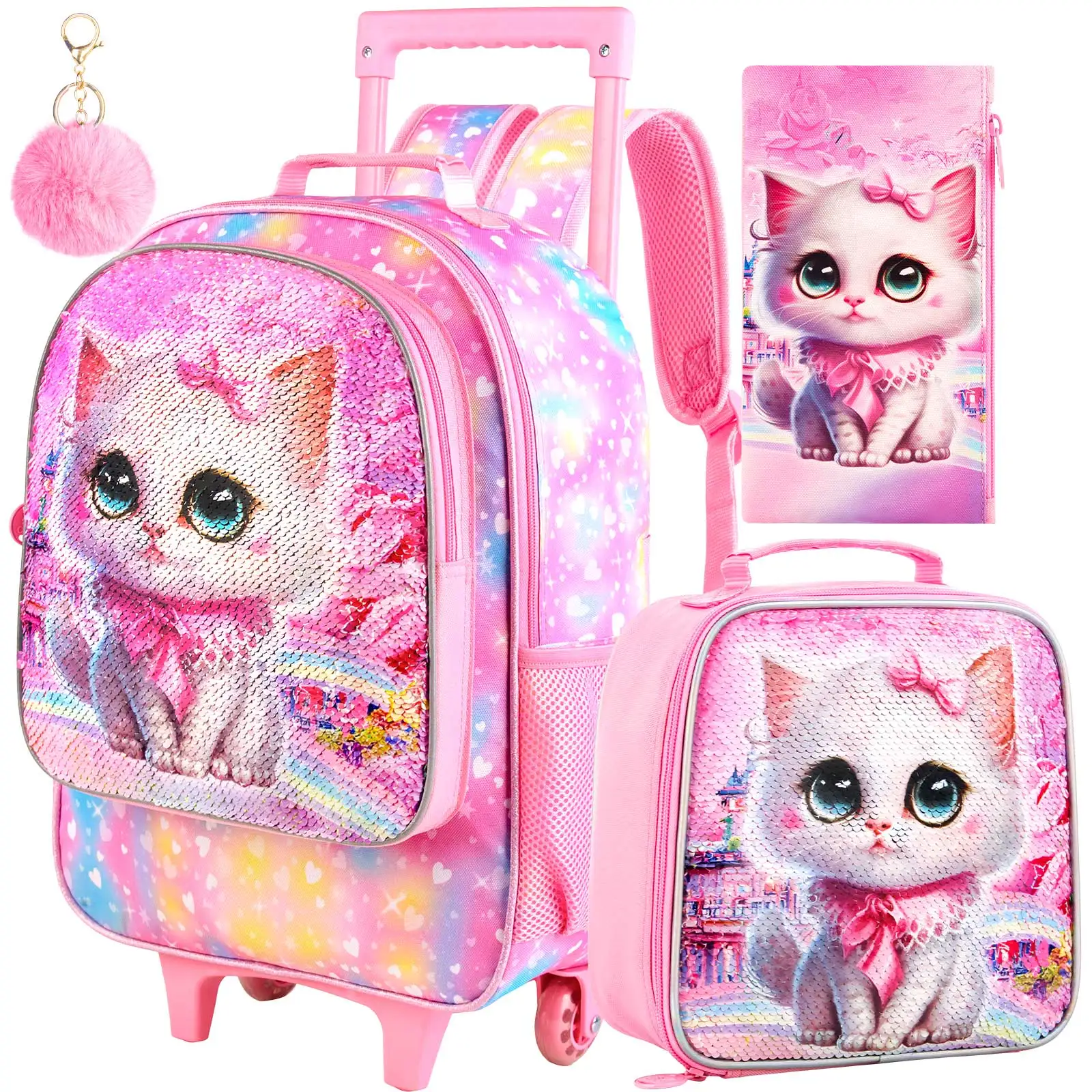 Sac à dos roulant 4 pièces pour filles, sac à livres d'école à roulettes pour enfants avec sac à déjeuner, sac d'école à roulettes pour tout-petits élémentaires