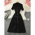 Robe longue plissée à simple boutonnage pour femme, manches courtes, noir, beige, vert, élégant, bureau, dame, chic, été, nouveau, 2024