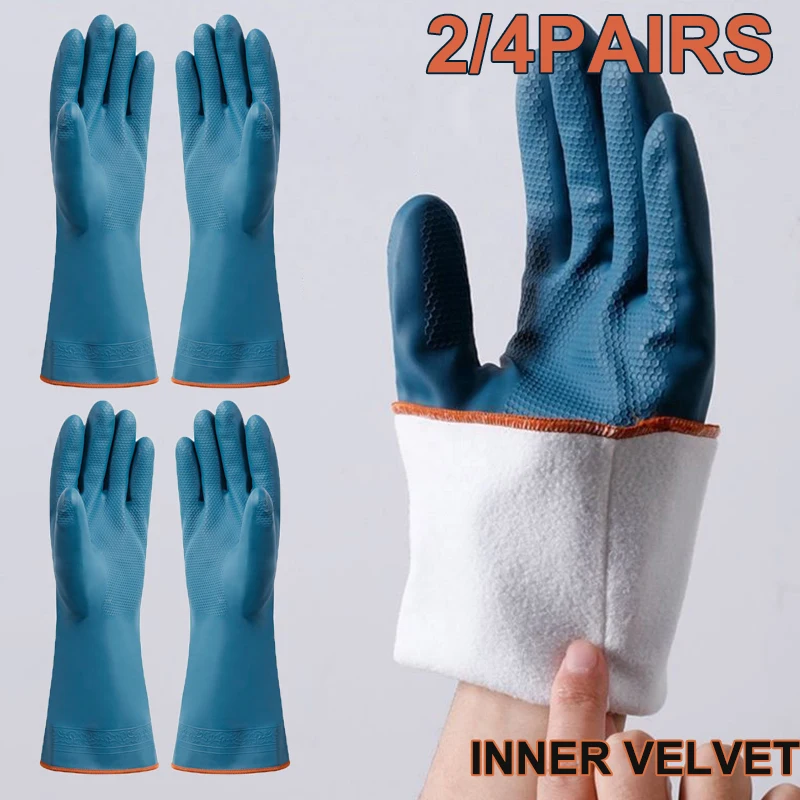 2/4 Paar wasserdichte Handschuhe mit Fleece, dicke Reinigungshandschuhe, Haushalt, Badezimmer, Küche, Handschutz, Handschuhe, Reinigungswerkzeug Image