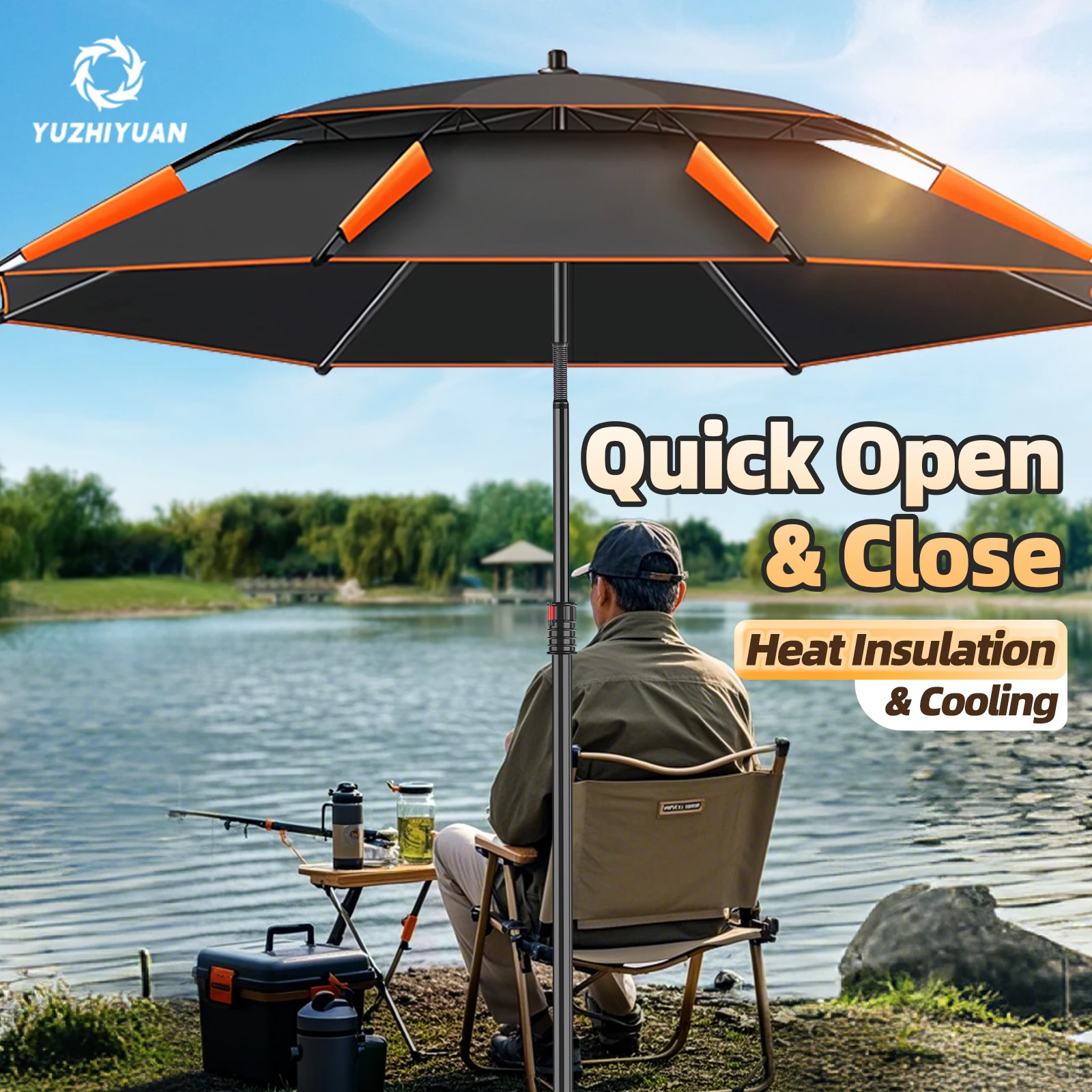 Großer faltbarer Angelschirm UPF 50+, Sonnenschutz, wasserdicht, winddicht, tragbar, Outdoor-Angelausrüstung mit verstellbarem Ständer Image