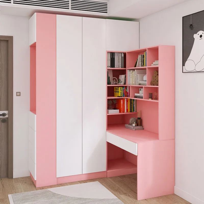 Schreibtischschrank, integrierter Eckschrank mit Computertisch-Kombination, Mädchen, rosa, Arbeitstisch, Kleiderschrank, Ecktyp