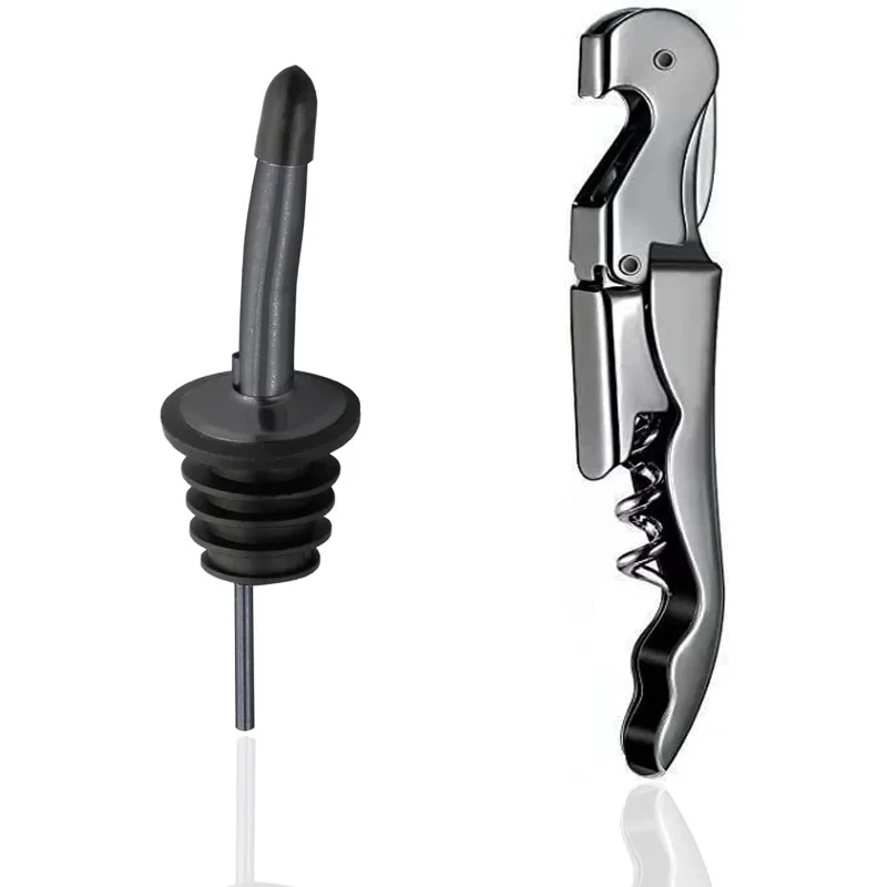 Professioneller Kellner-Korkenzieher, Weinöffner und Schnapsflaschen-Ausgießer-Set, Folienschneider, Edelstahl, doppelt aufklappbarer Weinschlüssel Image