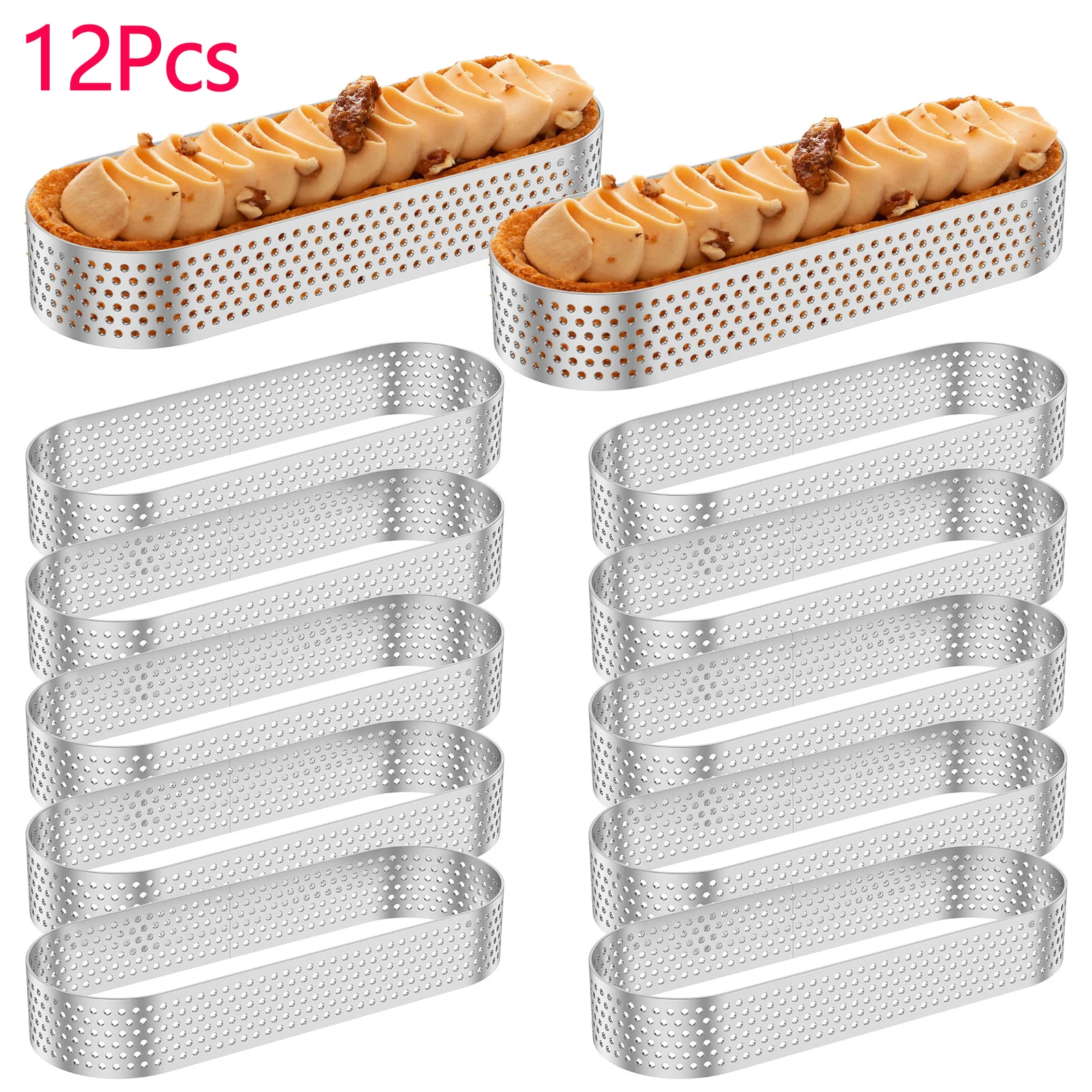12 pz Ovale Muffin Crostata Anelli In Acciaio Inox Porous Crostata Anello Perforato Torta Mousse Stampo Biscotti Taglierina Pasticceria Quiche Stampo Strumento