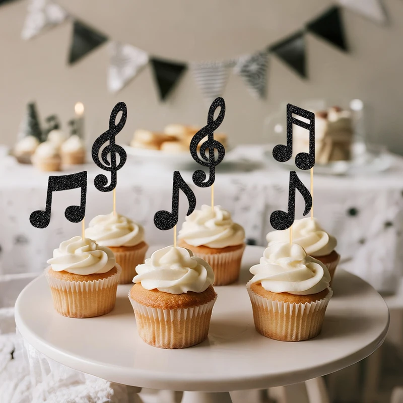 YOMDID 24 Stück glitzernde Musiknoten-Kuchenaufsätze, Bambus-Cupcake-Topper, Cupcake-Picks mit Musik-Thema für Rock-Konzerte, Kuchendekoration Image