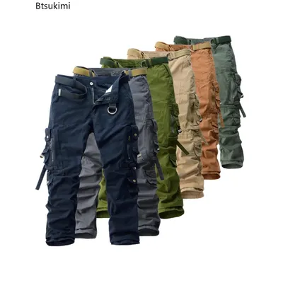 Cargo Pants Men's 100% Cotton Multi-Pocket Work Pants Loose Sports Solid Color Trousers for Men Windproof Wear Resistant Pant