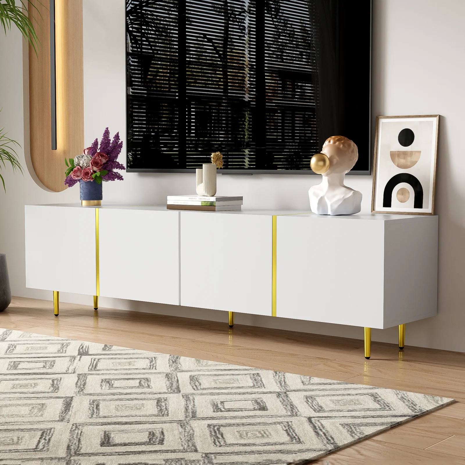 Rosahqnda Schwarzes Hochglanz-TV-Schrank mit 4 Türen, modern und schlicht, in Schwarz-Gold-Farbkombination Image