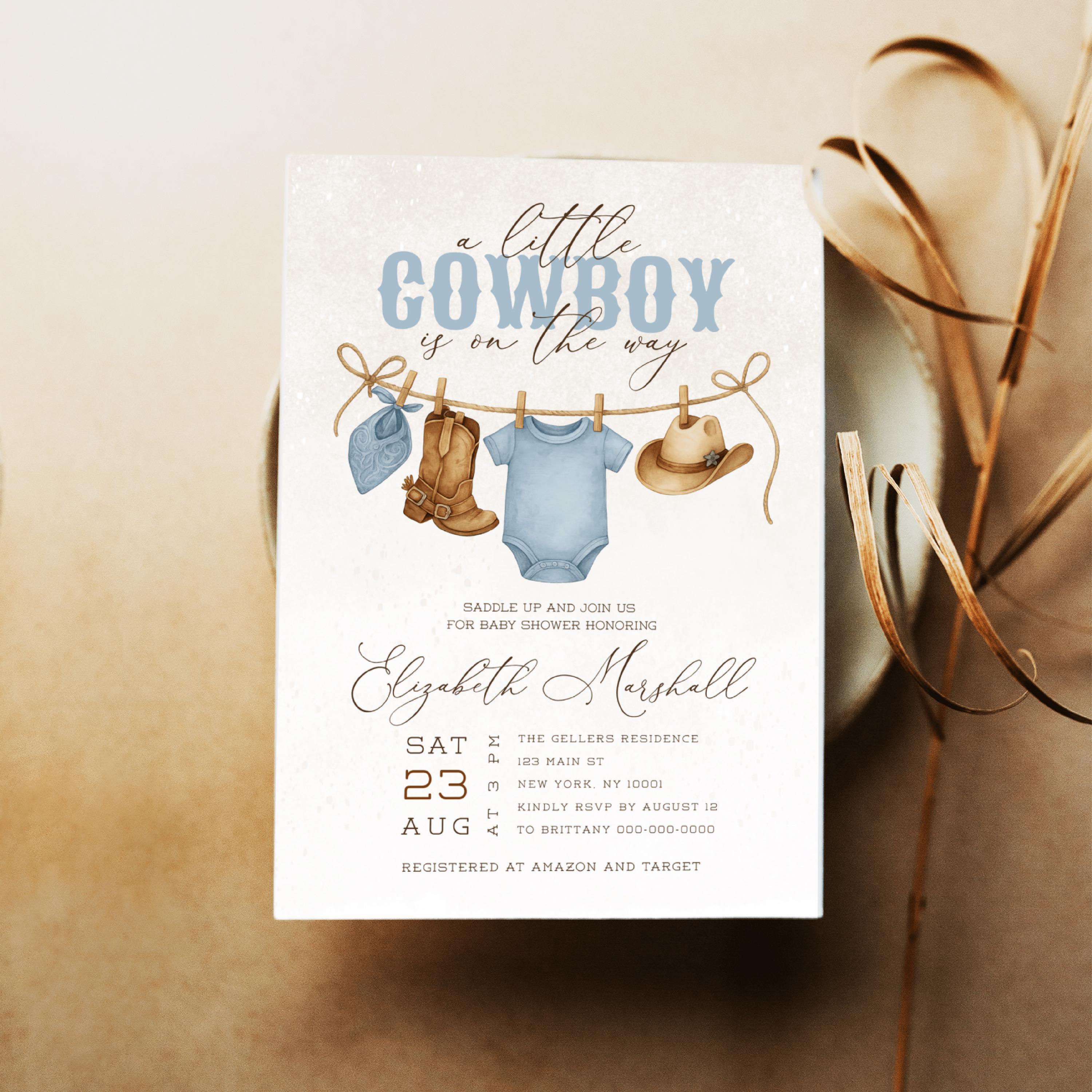 Modello di invito per baby shower a tema cowboy, invito per baby shower a tema cowboy, baby shower a tema western per bambini, baby shower con stendib