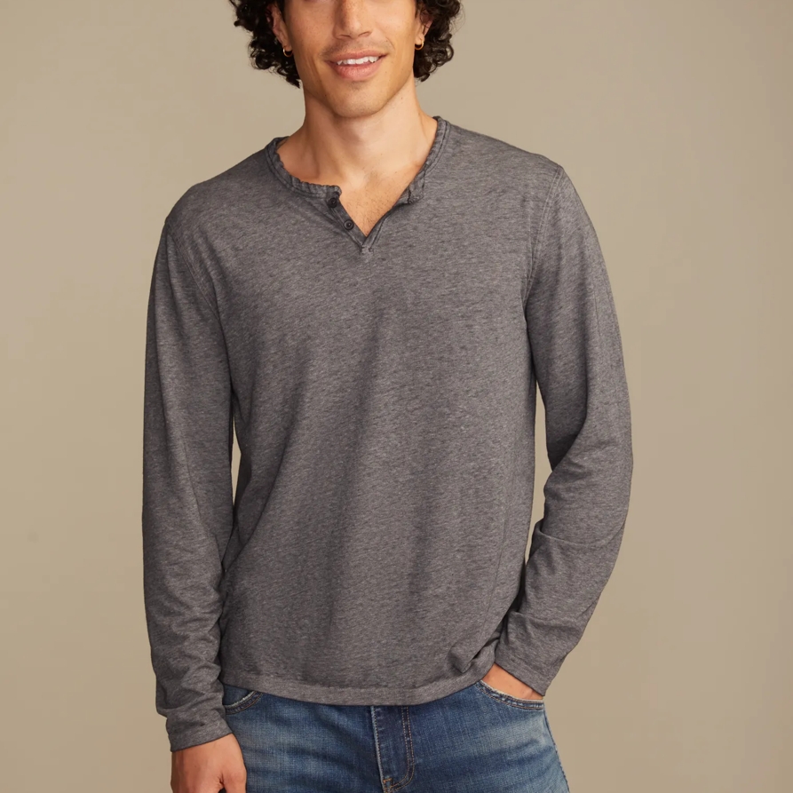 Lucky Brand Venice Burnout Notch Neck Long Sleeve - Men's Clothing Tops Tees Shirts in Jet Black, Size S