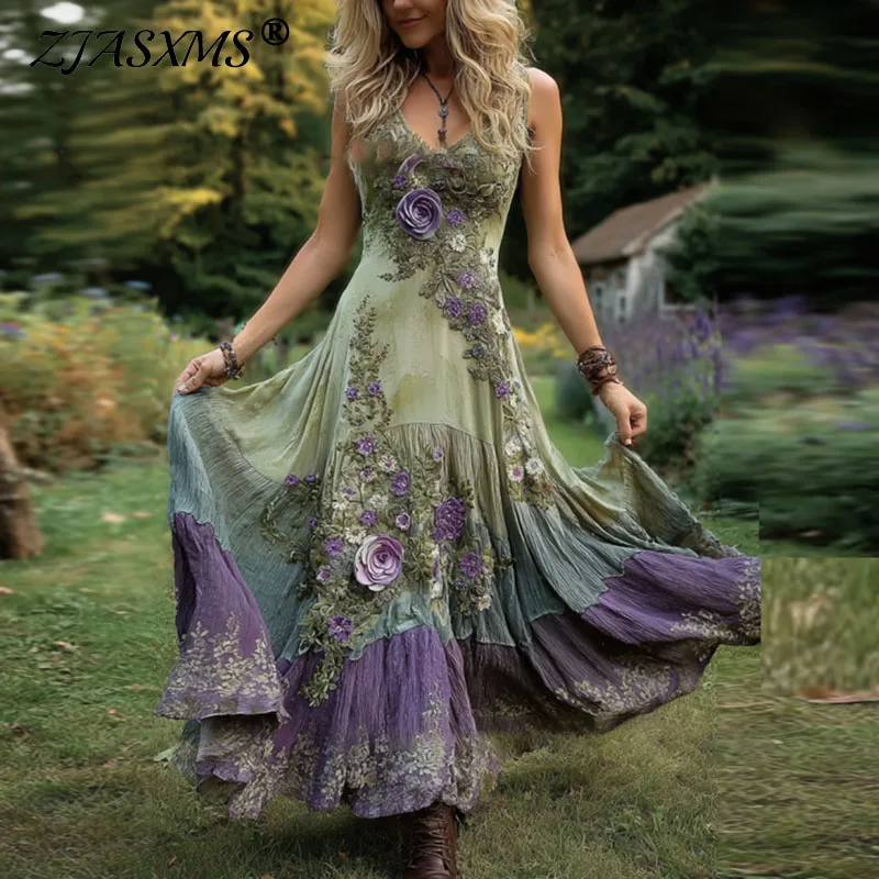 Abito da vacanza bohémien con scollo a V profondo cavo sexy Abito lungo da donna con stampa floreale retrò primaverile Abito estivo con cinturino senza maniche
