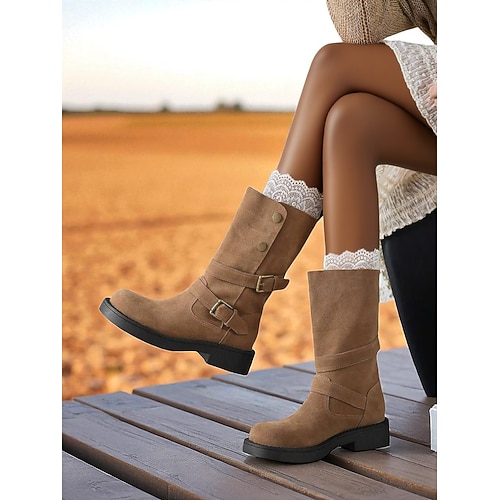 Damen-Wadenstiefel aus Wildleder mit Schnallenriemen, lässiger Retro-Stil, bequeme Schuhe mit niedrigem Absatz für urbane Streetwear und Alltagsoutfits Image