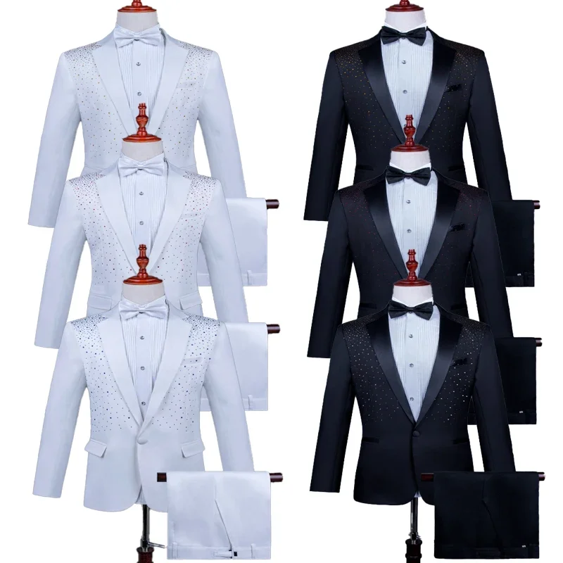 2025 Nuovi abiti da uomo con diamanti caldi in bianco e nero in 2 pezzi, coro di gruppo maschile/ospite cantante/abito di ancoraggio Performance MC Blazer + pantaloni