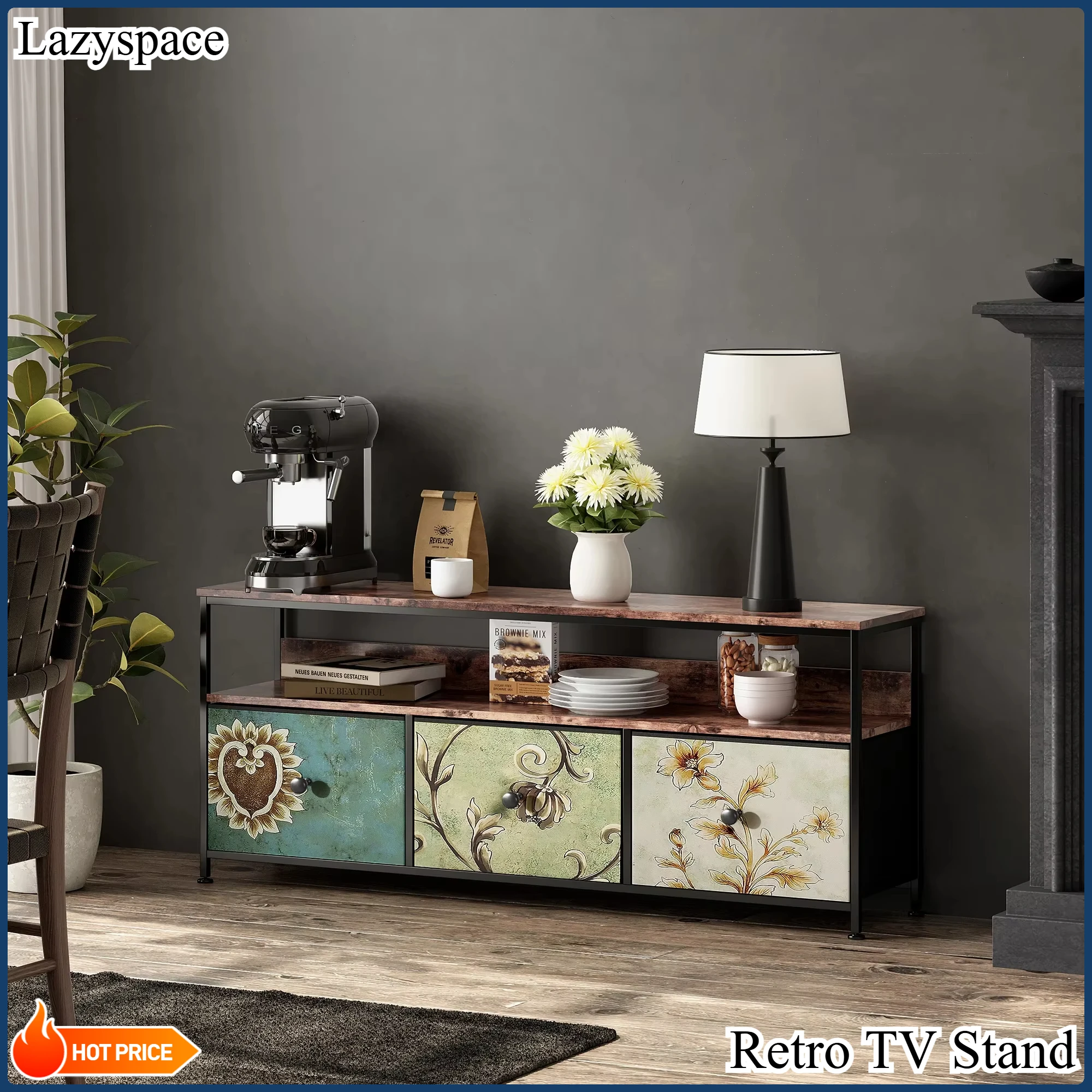 Meuble TV Lazyspace, meuble TV, console multimédia, avec plateau en grain de bois et tiroirs de rangement, décor de centre de divertissement pour le salon