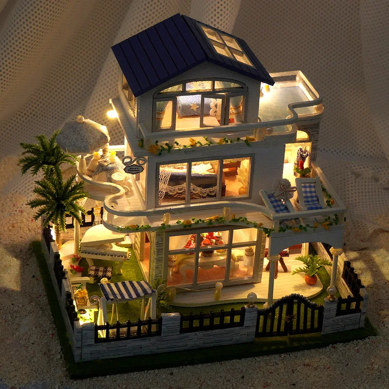 Fai da te Mini casa delle bambole in legno Mobili Kit luce Casa delle bambole Casa Accessori in miniatura Giocattoli in legno fatti a mano Regali di compleanno 2015Nuovo