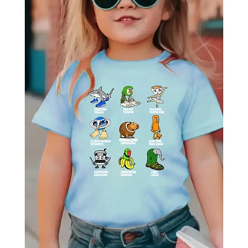 Lustiges T-Shirt mit italienischer Brainrot-Grafik für Mädchen – leichtes, dehnbares T-Shirt aus leichtem, dehnbarem Stoff für 4–12-Jährige, lässig im Alltag Geburtstagsparty Outfit Kinder Image