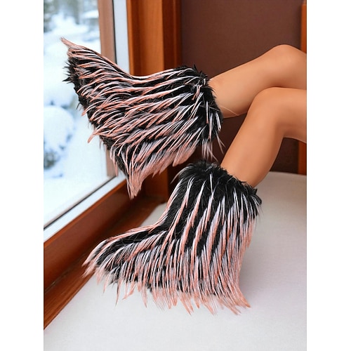 Modische Plateaustiefel mit Pelzbesatz für Damen – flauschiges Statement-Schuhwerk in Pink und Schwarz für Streetstyle, Winteroutfits, Rave-Looks und trendige Festivalkleidung Image