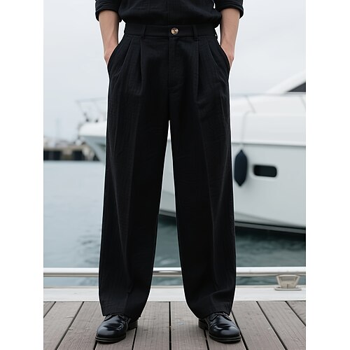 Herren Anzughose Leinenhosen Hose Sommerhose Fronttasche Gerader Schnitt Einfach Komfort Atmungsaktiv Volle Länge Outdoor Geschäft Täglich Urlaub Mode Schwarz Weiß Unelastisch Image