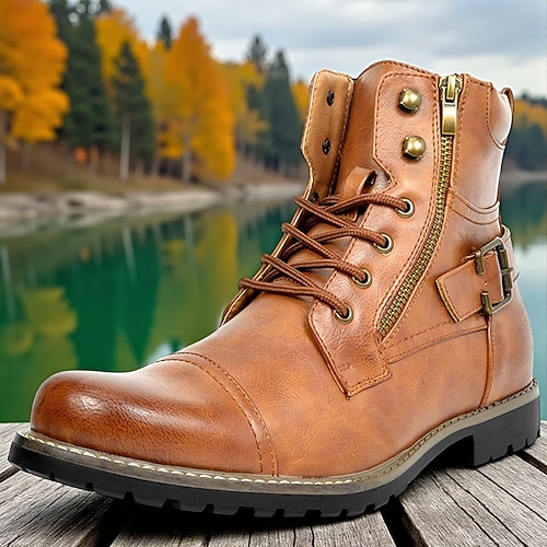 Herren Combat Boots mit seitlichem Reißverschluss und Schnalle – lässige Schnürstiefeletten für urbane Streetwear und Alltagsoutfits Image