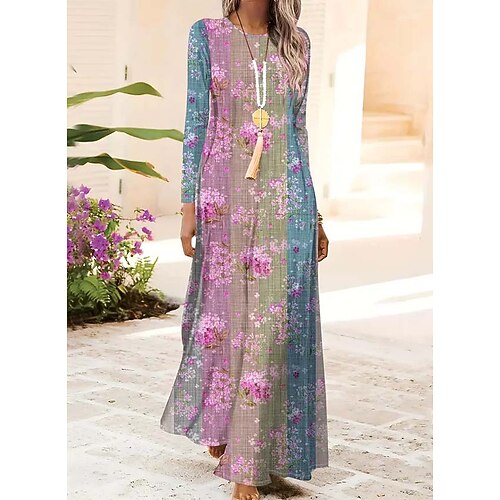 Damen Maxikleid Shiftkleid A Linie Kleid Party Lässig Boho Täglich Date Ausgehen Normale Passform Blumen Grafik Batik Langarm Rundhalsausschnitt Hellgrün Rosa Blau Violett Frühling Herbst Winter Image
