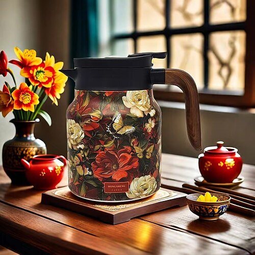 Teethermoskanne mit Vintage-Blumenmuster, isolierte Teekanne aus Edelstahl 316, große Kapazität, Heißwasserkanne mit Teetrenndesign, einfacher Haushalts-Thermokessel Image
