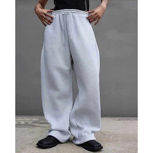 Herren Jogginghose Jogginghose mit weitem Bein Hose Kordelzug Tasche Elastischer Bund Einfach Komfort Sport im Freien Täglich Mode Lässig Schwarz Hellgrau Mikroelastisch Image