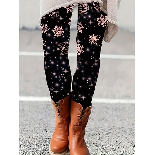 Damen Leggings Urlaub Vintage Mode Volle Länge Hohe Taille Grafik Schneeflocke Drucken Thermowarm Weich Atmungsaktiv Dehnbar Täglich Outdoor Urlaub Blau Weiß Rosa Grün Sommer Frühling Herbst Schmale Image