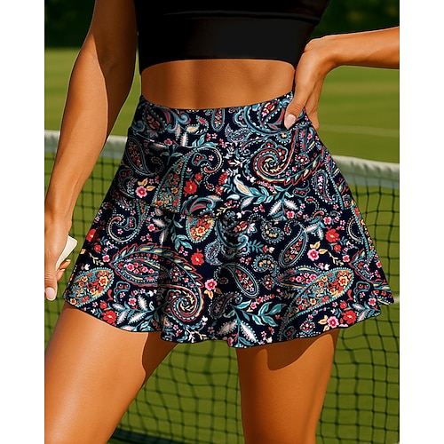 Damen Paisley-Muster Pflanzen Blumenmuster Lässiger Rock Tennisröcke Patchwork Tasche 2 in 1 UPF50 UV-beständig Mehrlagig Volleyball Tennis Badminton Shorts Rock Schwarz Tennisbekleidung Image
