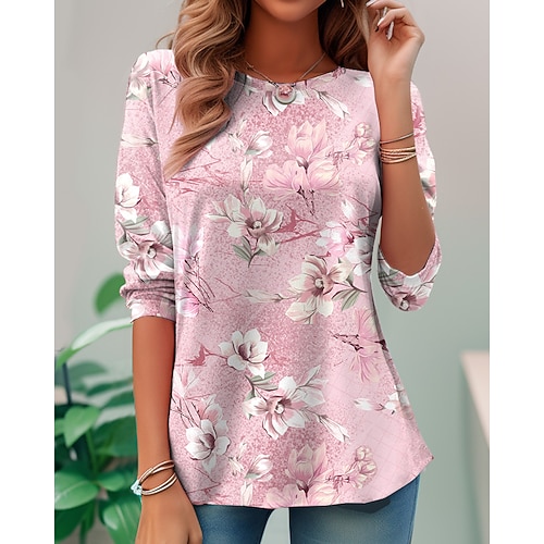 Damen T Shirt Druck Blumen Grafik Pflanzen Vintage Mode Stilvoll Langarm Rundhalsausschnitt Normale Oberteile Täglich Wochenende Blau Schwarz Rosa Purpur Grün Sommer Frühling Herbst Image