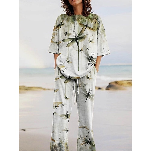Damen Hosen-Sets Dreiviertelarm Rundhalsausschnitt Tiermotiv Druck Aktiv Mode Täglich Urlaub Ferien Dunkelgrün Grün Grau Sommer Normale Passform Image