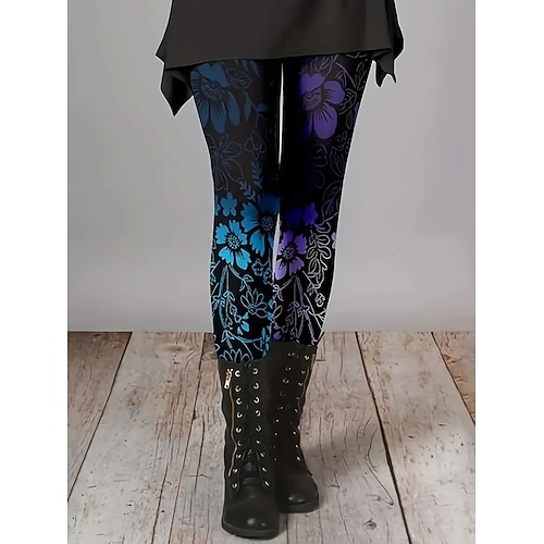 Damen Leggings Urlaub Vintage Mode Volle Länge Hohe Taille Blumen Grafik Drucken Thermowarm Weich Atmungsaktiv Dehnbar Täglich Outdoor Urlaub Blau Rosa Dunkelpink Purpur Frühling Herbst Schmale Image
