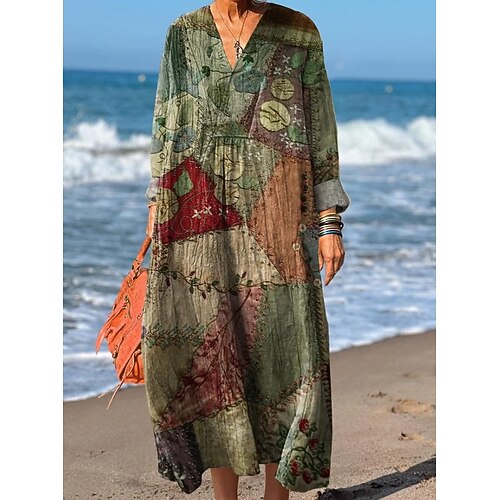 Damen Maxi Kleid Boho Sommerkleid A-Linie Kleid Urlaub Lässig Party Urlaub Strand Weit geschnitten Floral Grafik Geometrisch Langarm V-Ausschnitt Gelb Rot Fuchsia Orange Sommer Frühling Herbst Image