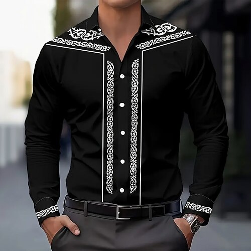 Herren Stern Hemd Westernhemd Cowboy-Shirt Langarm Vintage-Retro Outdoor Urlaub Frühling Herbst Umlegekragen 3D-Druck Leinenähnliches Hemd Schwarz 1 Schwarz Image