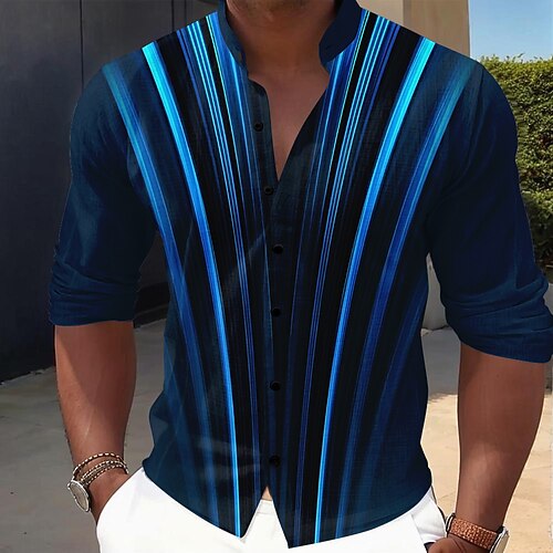 Herren Geometrisch Farbverlauf Linie Hemd Knopfhemd Stehkragenhemd Langarm Lässig Outdoor Urlaub Täglich Frühling Herbst Mandarinkragen Stehkragen 3D-Druck Leinenähnliches Hemd Gelb Blau Purpur Grün Image