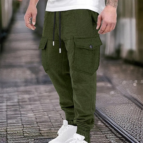 Herren Cargo-Jogginghose Jogginghose Hose Freizeithose Kordelzug Elastischer Bund Reißverschlusstasche Einfarbig Feuchtigkeitsableitend Atmungsaktiv Volle Länge Outdoor Täglich Laufen Mode Klassicher Image