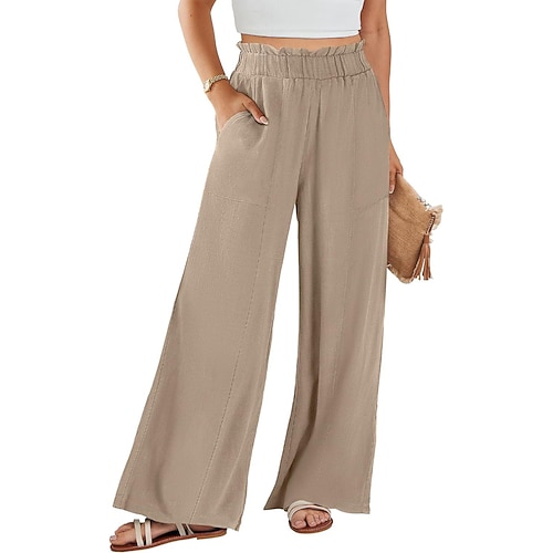 Damen Weites Bein Stoffhosen Streetwear Lässig Volle Länge Natürliche Taille Einfach Tasche Elastischer Bund Weich Ferien Alltagskleidung Wochenende Aprikose Schwarz Khaki Herbst Normale Passform Image