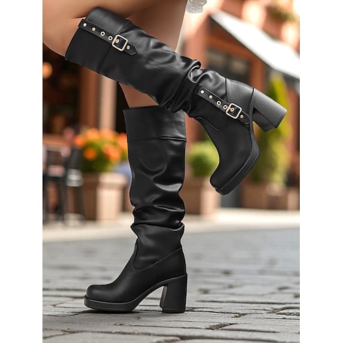 Schwarze Damen-Stiefel aus Kunstleder mit Schnallenriemen und Blockabsatz – trendige Slouch-Stiefel für den Herbst und Winter für den Alltag, Streetstyle und lässige Outfits Image
