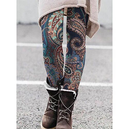 Damen Leggings Urlaub Vintage Mode Volle Länge Hohe Taille Grafik Abstrakt Drucken Thermowarm Weich Atmungsaktiv Dehnbar Täglich Outdoor Urlaub Dunkelrot Rosa Blau Purpur Frühling Herbst Winter Image