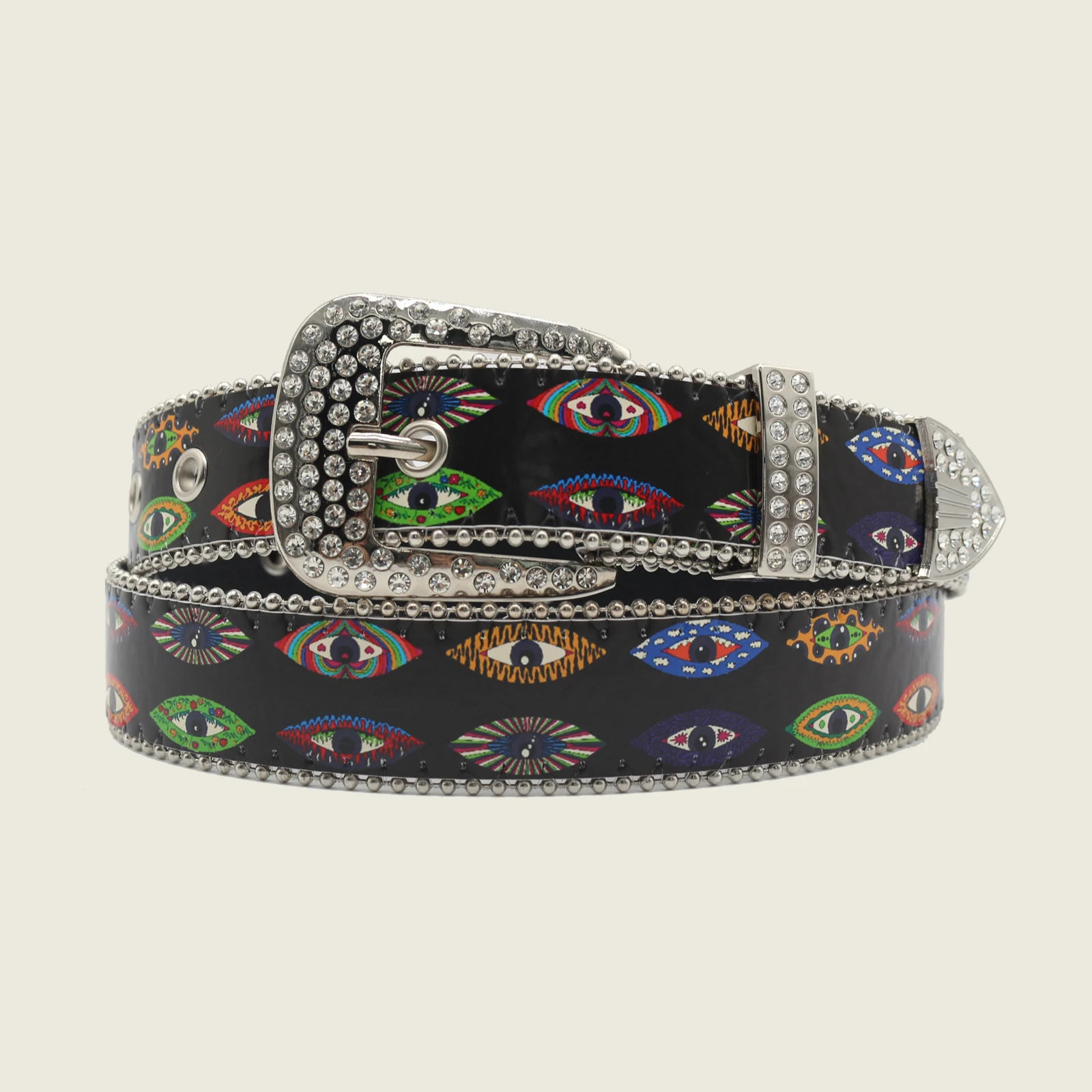 Graffiti Art Eye Design Diamantgürtel, trendiger Y2K Punk Hip Hop Western Cowboy Style, PU bedruckter Nadelschnallengürtel, Jeansgürtel. Image