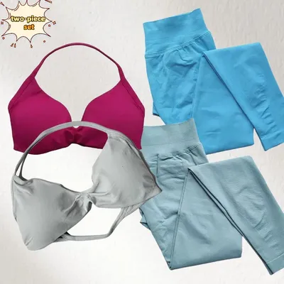 Yoga 2-piece Summer Women's Fitness Yoga Fitness Set Hip Lift Trousers Neck Bra 2025 Dopamine Color Scheme Pilates