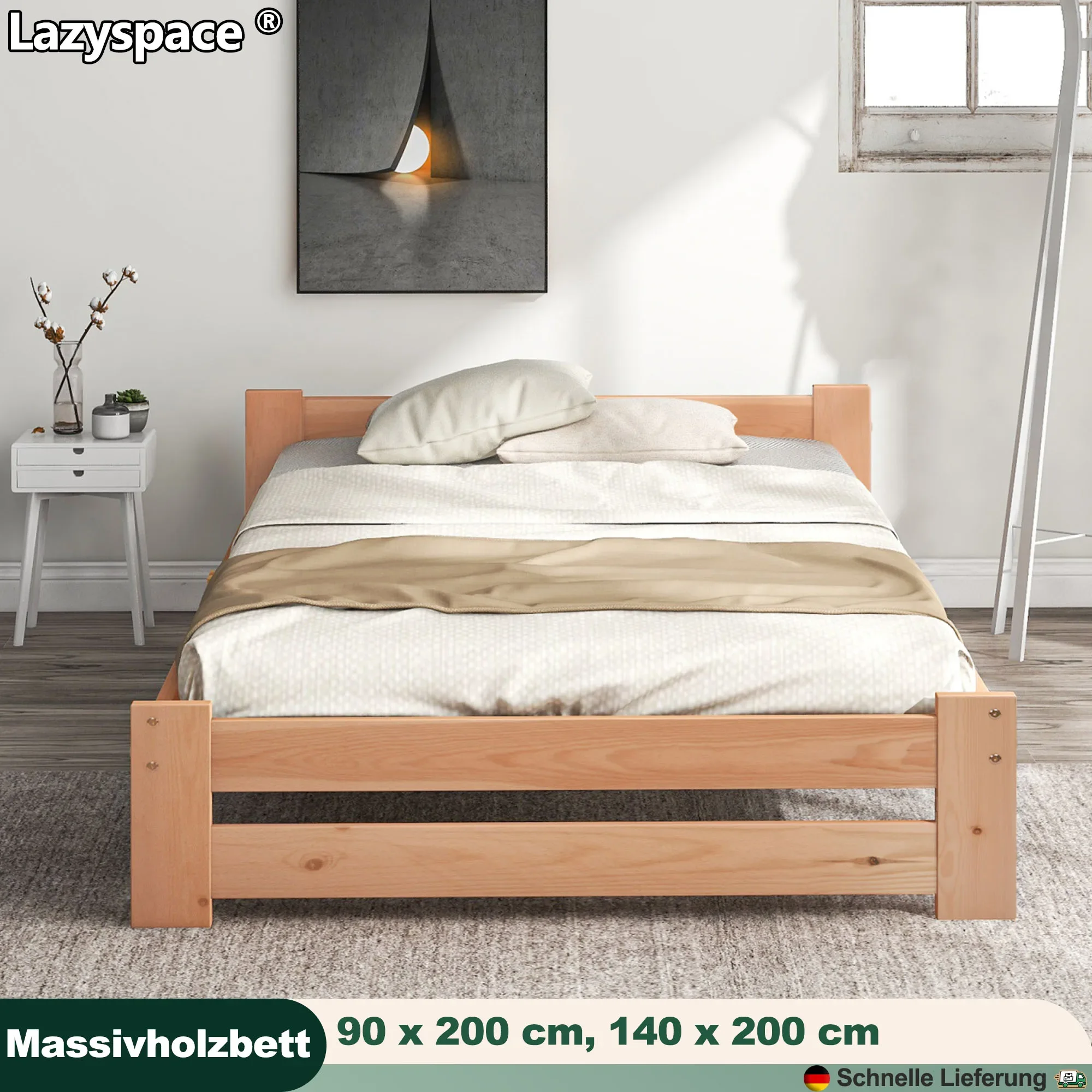 Lazyspace Massivholzbett, Futonbett, Massivholz, natürliches Einzelbett, Doppelbett mit Kopfteil und Lattenrost, 90 x 200/140 x 200 cm Image