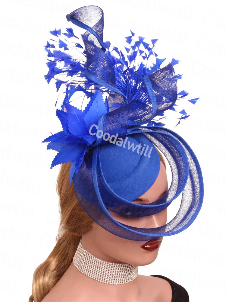 Royal Blue Hochzeit Eleganter Fascinator Hut Feder Damen Haarschmuck Stirnband Braut Damen Derby Chic Party Tee Kopfschmuck Image
