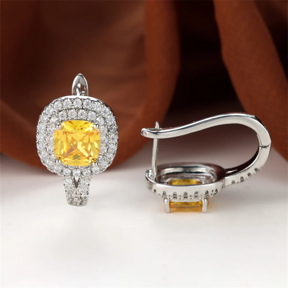 Weißer Zirkon Gelber Kristall Quadratischer Stein Creolen Für Frauen Vintage Silber Farbe Ohrschnalle Hochzeit Schmuck Vielseitige Geschenke Image