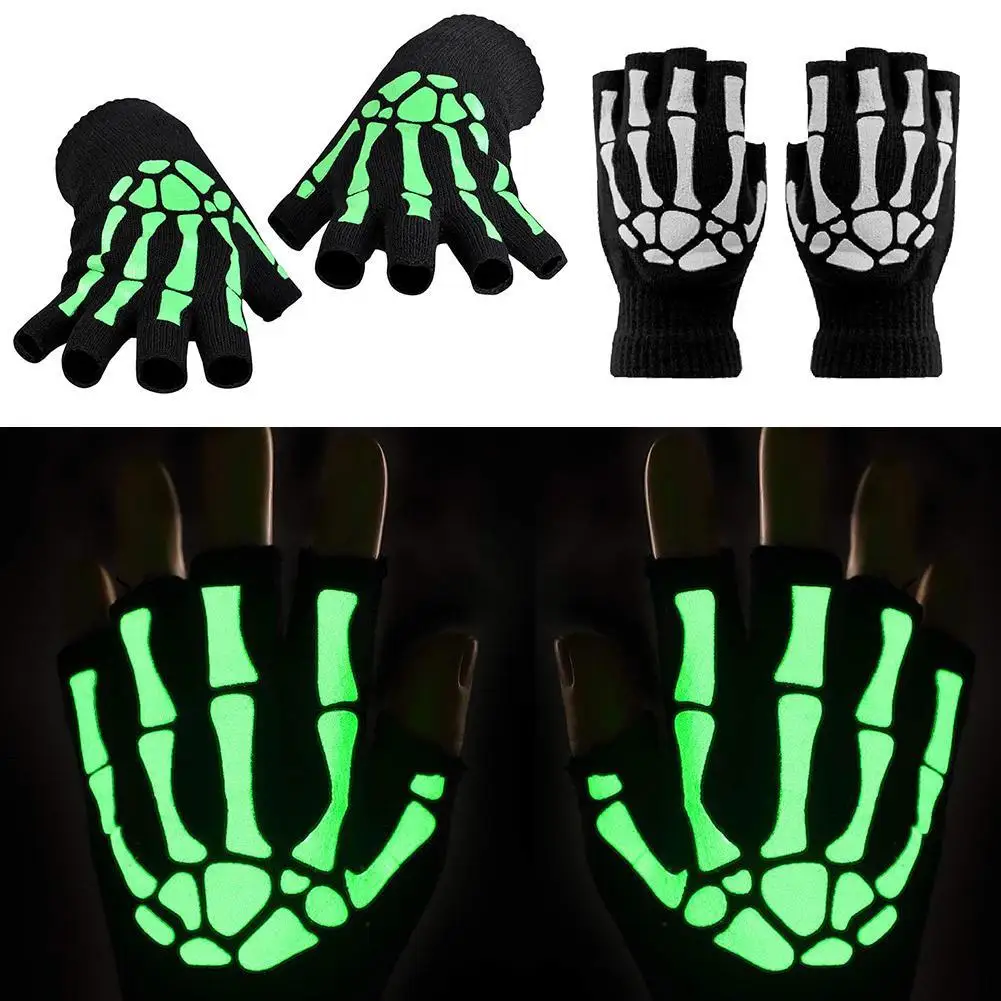 Neue Erwachsene Cosplay Halloween Skelett Schädel Halbfinger Punk Handschuhe Glow in the Dark Fingerlose Stretch Gestrickte Winter Fäustlinge Image