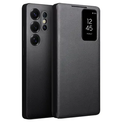 Original Genuine Leather Smart Phone Cases For Samsung Galaxy S22 S23 S24 S25 Ultra With Smart View Shockproof Protective Cover