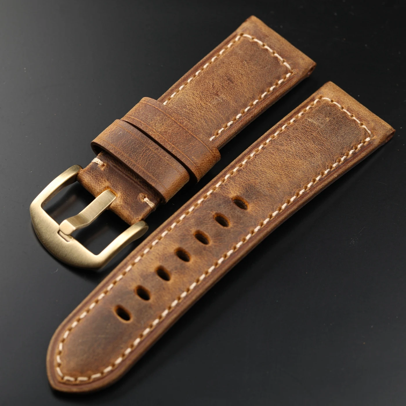 Handgefertigtes High-End-Armband aus italienischem Rindsleder, 20 mm, 22 mm, 24 mm, Vintage-Vintage-Verschluss aus reinem Kupfer, braunes Herrenarmband im rauen Stil Image