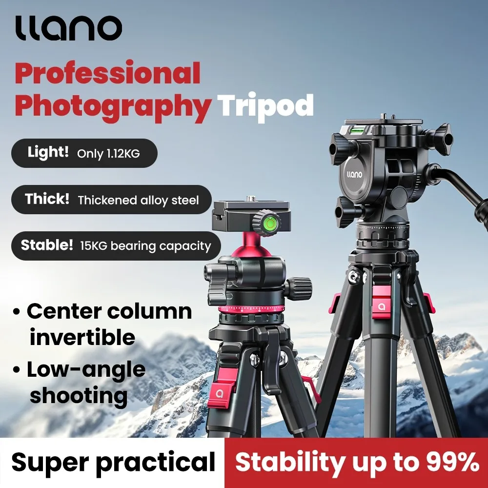 Llano Professionelles Fotografie-Kamerastativ, Reise-Telefonstativ mit Fluidkopf (max. Belastung: 15 kg), Höhe von 53 cm bis 165 cm Image