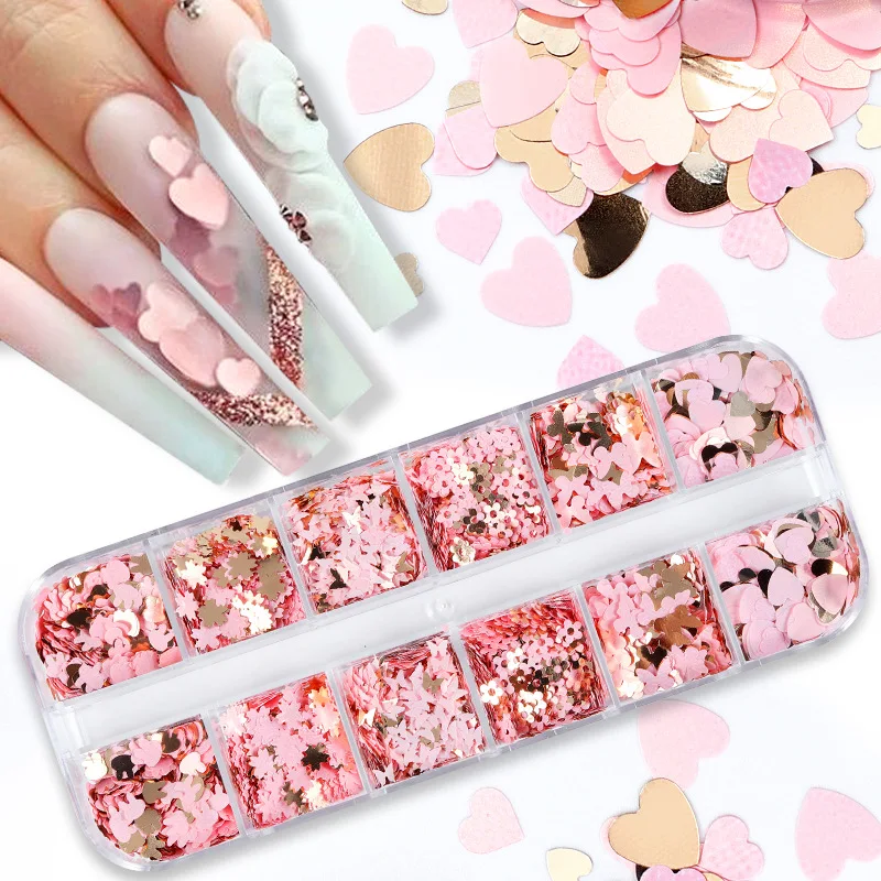 12Grids 3D Gold Rosa Schmetterling Blume Nagel Glitter Pailletten Gemischt Herz-Liebe Kaninchen Flocken DIY Make-Up Maniküre Dekor Zubehör Image