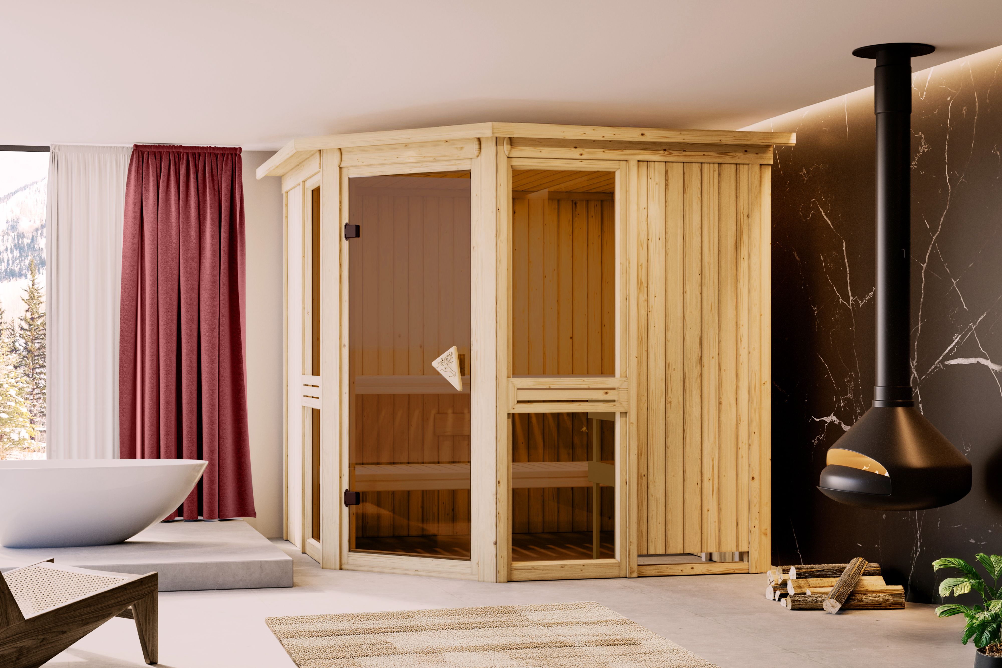 Sauna KARIBU "Agneta 2" mit Kranz, naturbelassen", beige (naturbelassen), Bio-Kombiofen, externe Steuerung, 400 kW, Saunen, aus hochwertiger nordischer Fichte Image