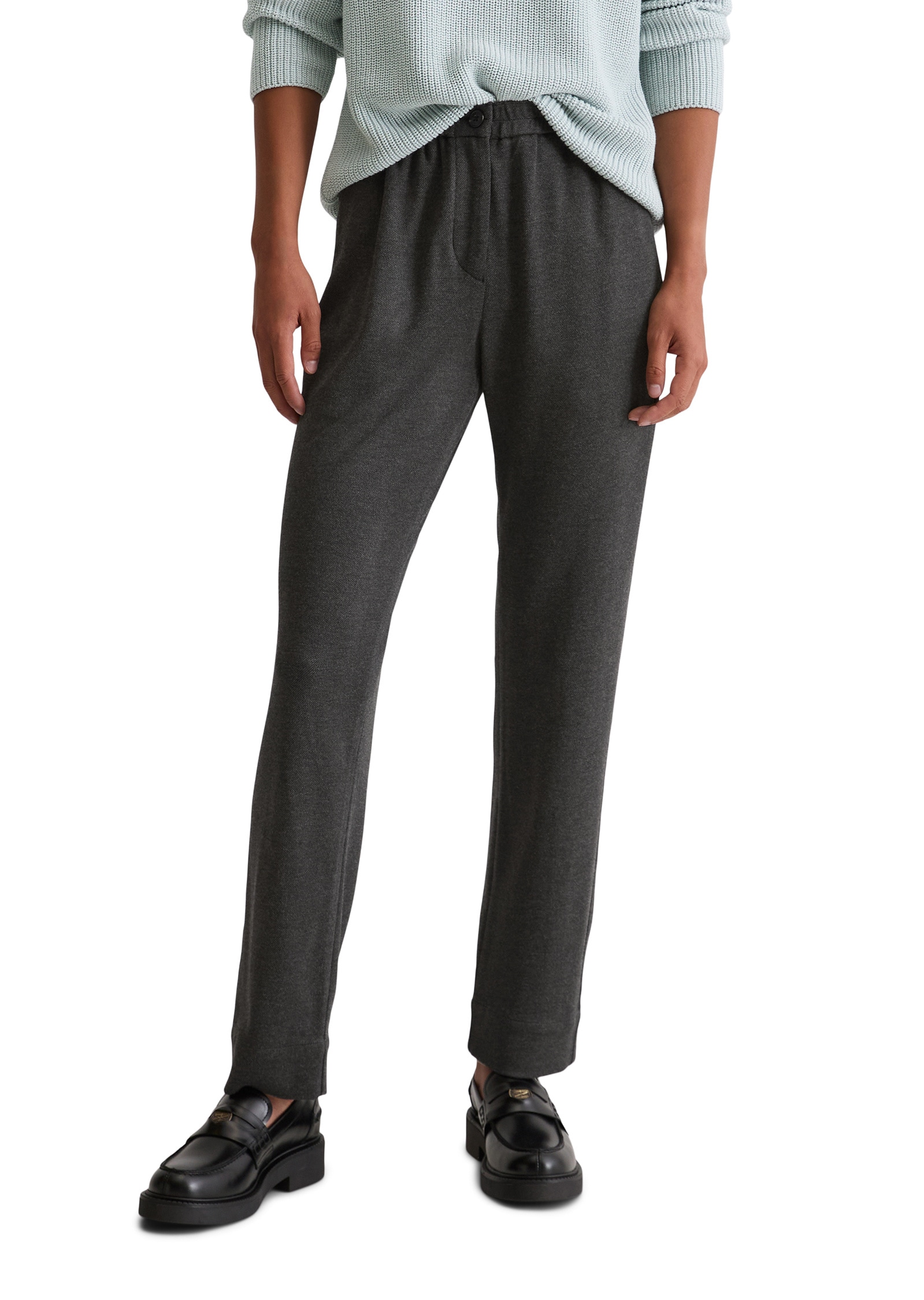 Chinohose MARC O'POLO "aus elastischem Viskose-Mix", Damen, Gr. 42, Normalgrößen, dunkelgrau, Twill, Obermaterial: 70% Viskose, 25% Polyamid, 5% Elasthan; Futter: 100% Baumwolle, unifarben, regular fit normal, Hosen Chinohose