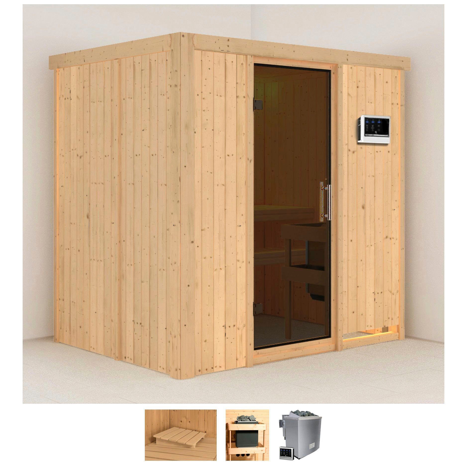 Sauna KARIBU "Bedine", beige (naturbelassen), Bio-Kombiofen, externe Steuerung, 9 kW, Saunen, 9 KW-Bio-Ofen mit externer Steuerung Image